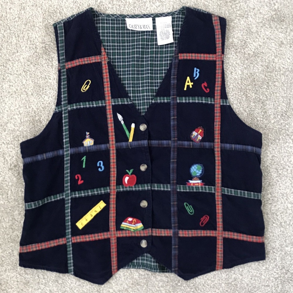 Casey & Max Corduroy Vest Size L Button Front Teacher School Embroidered 90s